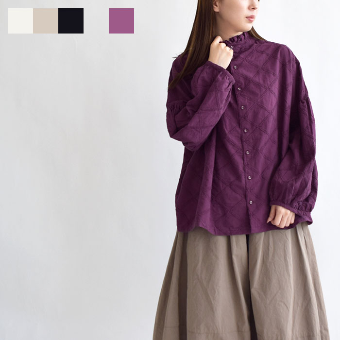 D*g*y レディース ブラウス トップス シャツ 矢羽柄刺繍ブラウス プルオーバー ゆったり フリル襟 バルーン袖 D*g*y トップス ハイネック デコカンパニー