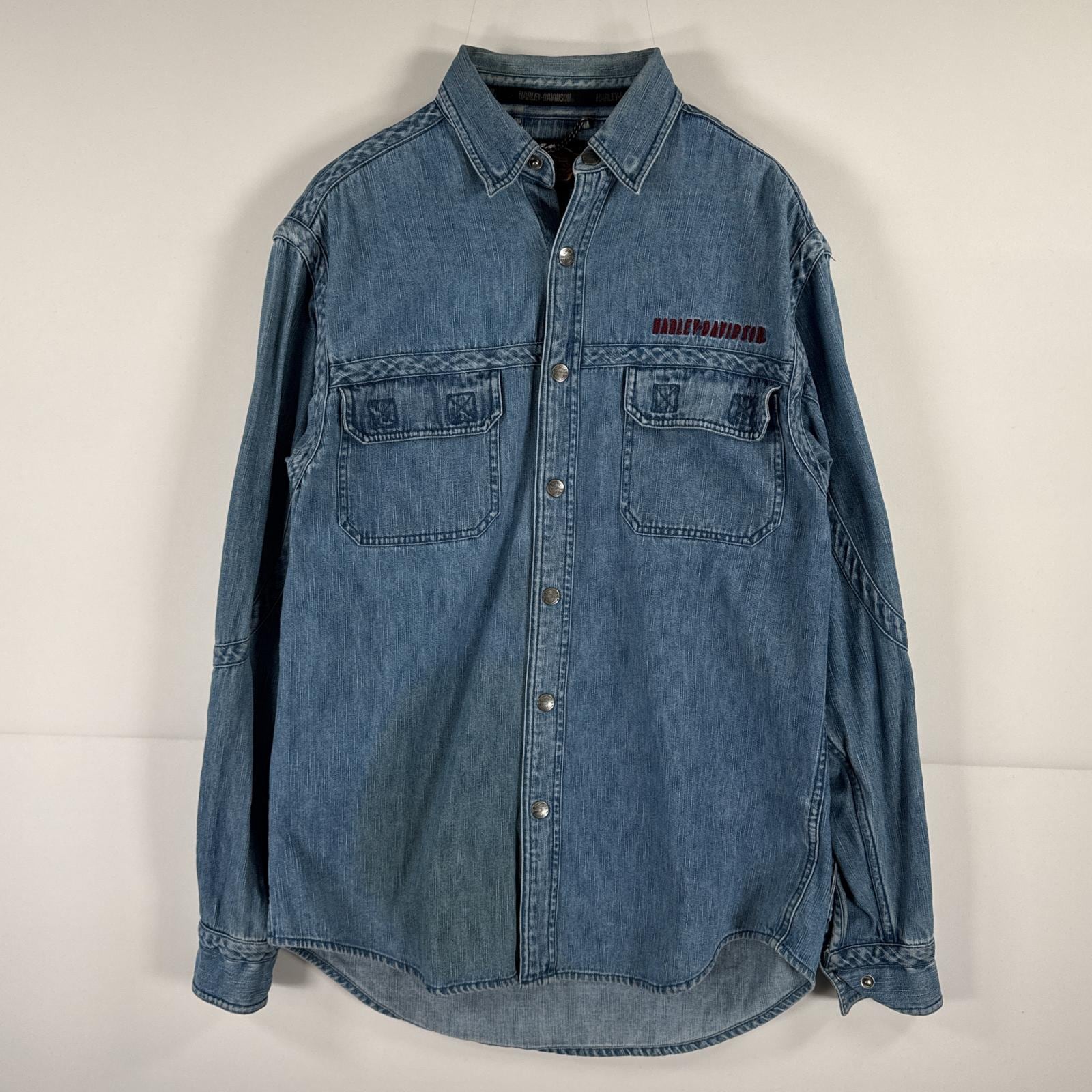 古着 デニム 長袖シャツ ワンポイント 刺繍 ロゴ バックロゴ スナップボタン S ブルー メンズ