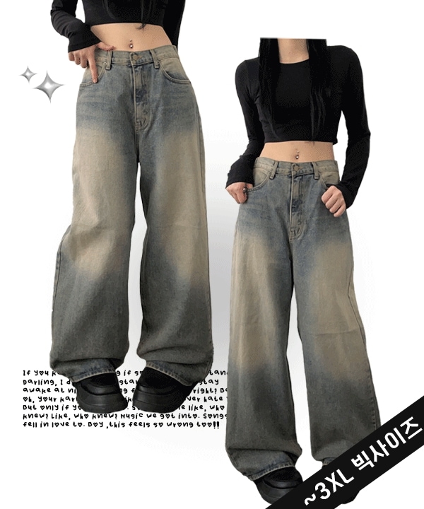 [ビッグサイズ] ~3XL デイリーアイテム！ もちっとした 裏バンディング ビンテージ ウォッシング 中青 ストレートワイドフィットデニム パンツ