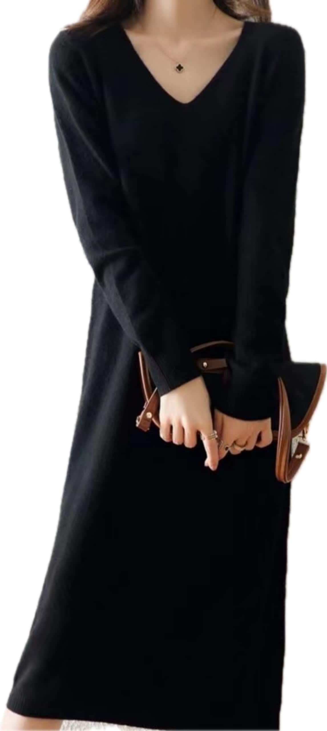 [GIVEK] ニットワンピース レディース ロング丈 きれいめ Vネック タイト リブ 長袖 プルオーバー 秋冬 (JP, アルファベット, Free Size, ブラック)