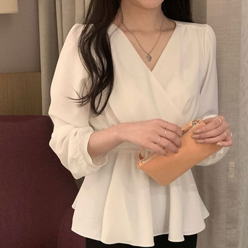 【1つ買うと10つ無料】女性のためのハイエンドのシフォンシャツ春と秋のエレガントなvネックスイート気質腰を抱きしめる長袖シャツ