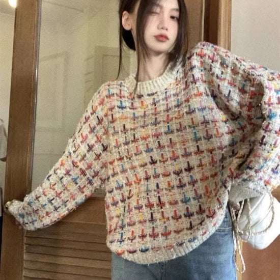 ニット レディース セーター チェック ラウンドネック 長袖 オーバーサイズ ざっくり 編み込み ミディアム丈 ミックスカラー レトロ クラシック かわいい カジュアル おしゃれ