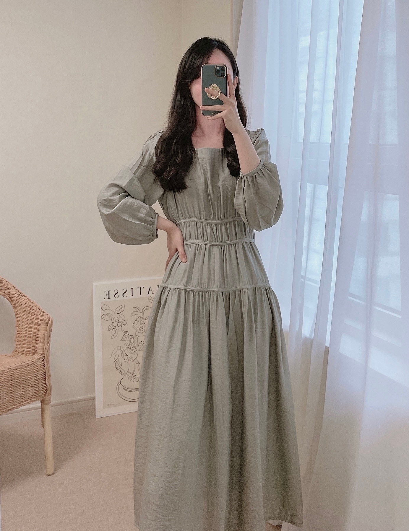 アテネ シルキー スクエアネック ロングワンピース