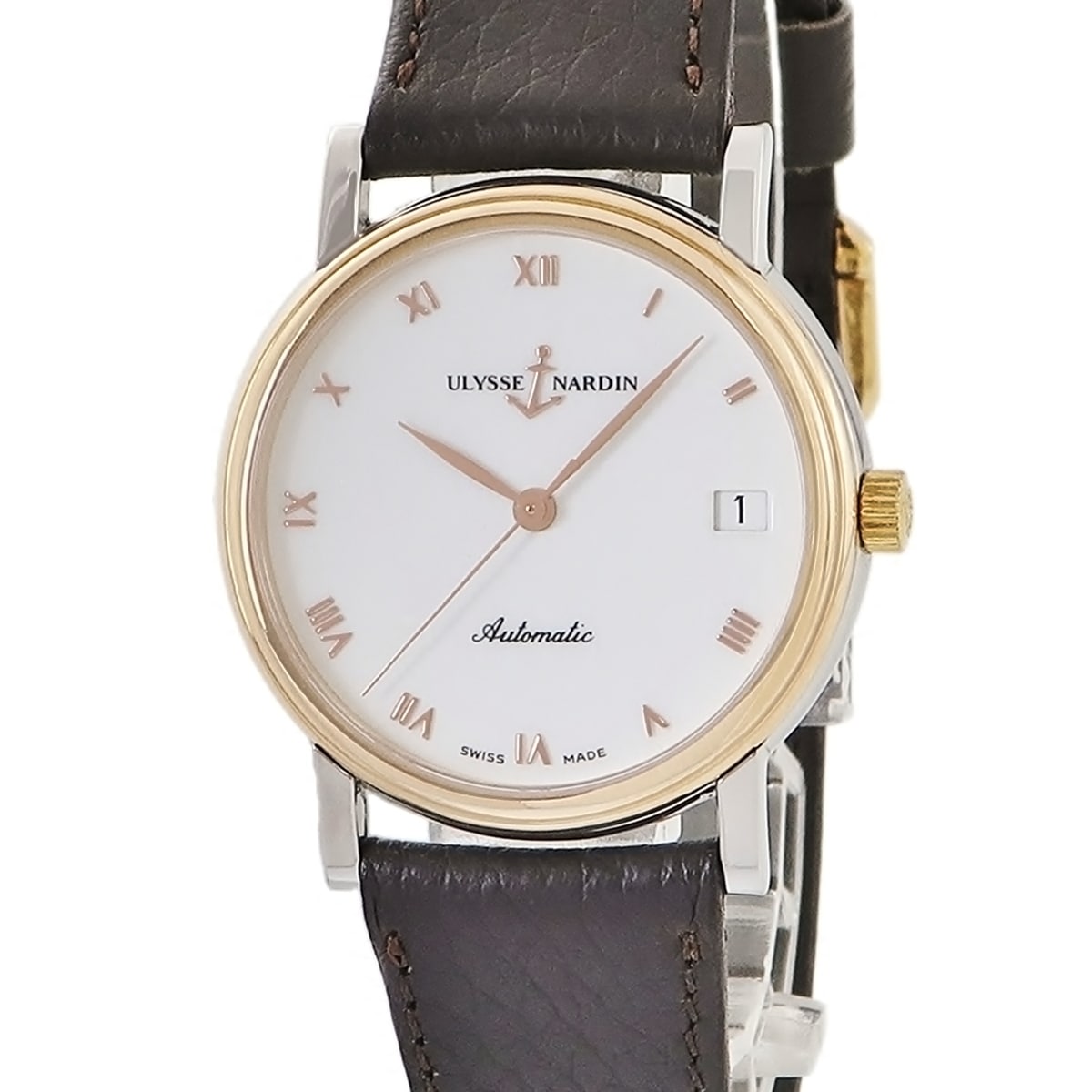 サンシアー 135-22 自動巻き メンズ K18RG×SS コンビ ホワイト ローマン デイト ラウンド 3年保証