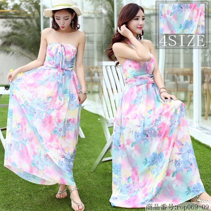 ロング ンピース リゾート レディース リゾートワンピース シフォンワンピ フレア 花柄ワンピ ハワイワンピ ノースリー オ ショルダー 海 旅行