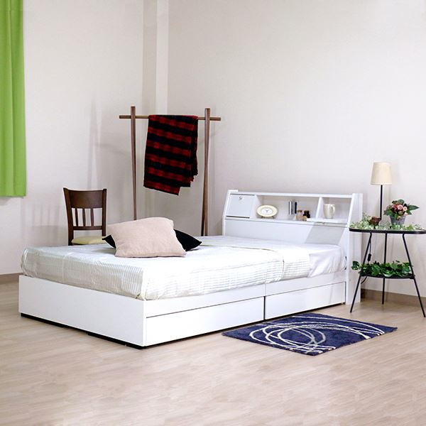 ベッド 日本製 ホワイト ダブル マットレスセット ポケットコイル 収納付き 引き出し付き 棚付き コンセント付き 照明付き フラップ テーブル付き ダブルベッド