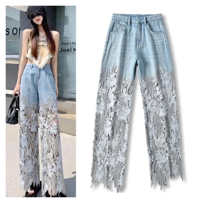 レース デニム パンツ 刺繍 切替 ジーンズ 韓国 ファッション ストリート系 Y2K バレエコア グランジ 多系統 夏 コーデ レディース 7J-8