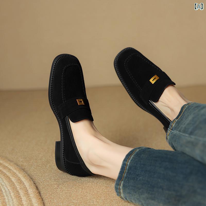 ローファー レディース オフィス フランス シープスキン 女性 厚手 ヒール ミディアム ヒール シングル シューズ レトロ ゴールドバックル シンプル 通勤 小さい 革靴