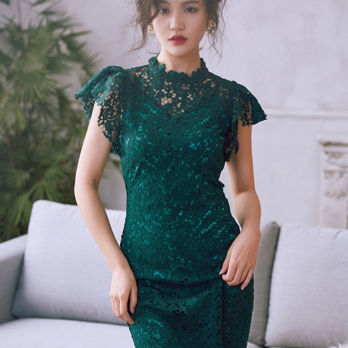 1905.フリルレースワンピース（グリーン）2019 春夏 sale ドレス タイト エレガント お呼ばれ パーティー 結婚式 披露宴 女子会 レストラン デート