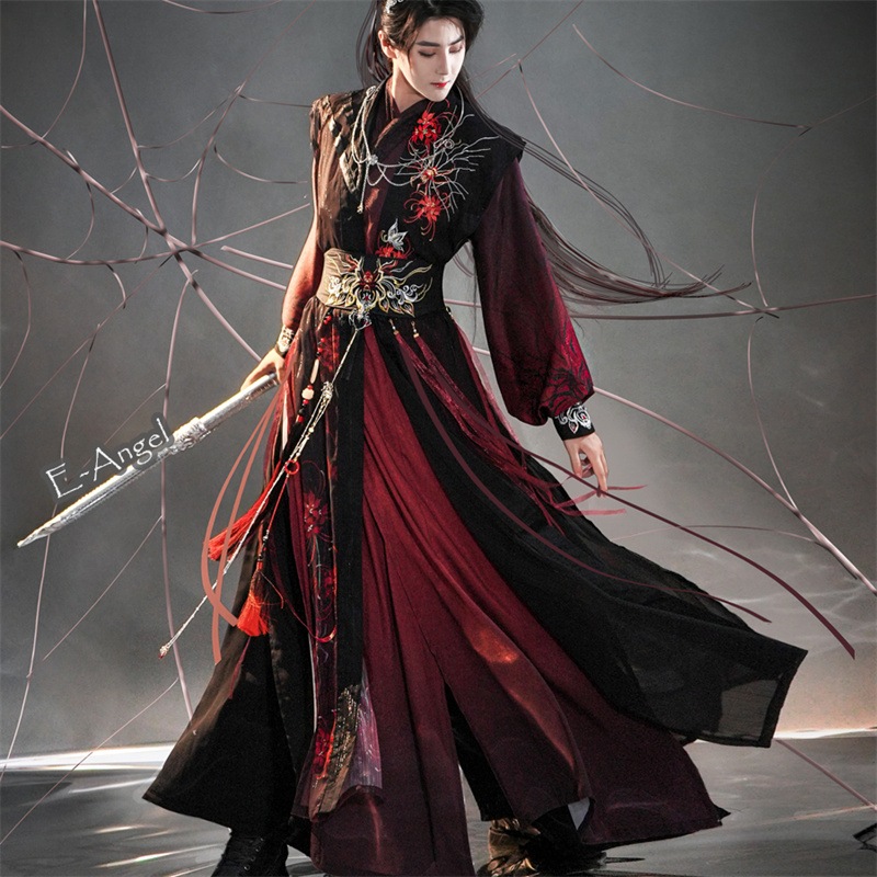 漢服 宋 コスプレ チャイナ風 衣装セット 黒赤 彼岸花 刺繍 シフォン 中華服 古装セットアップ 男女兼用 演出服 撮影服 チャイナセット