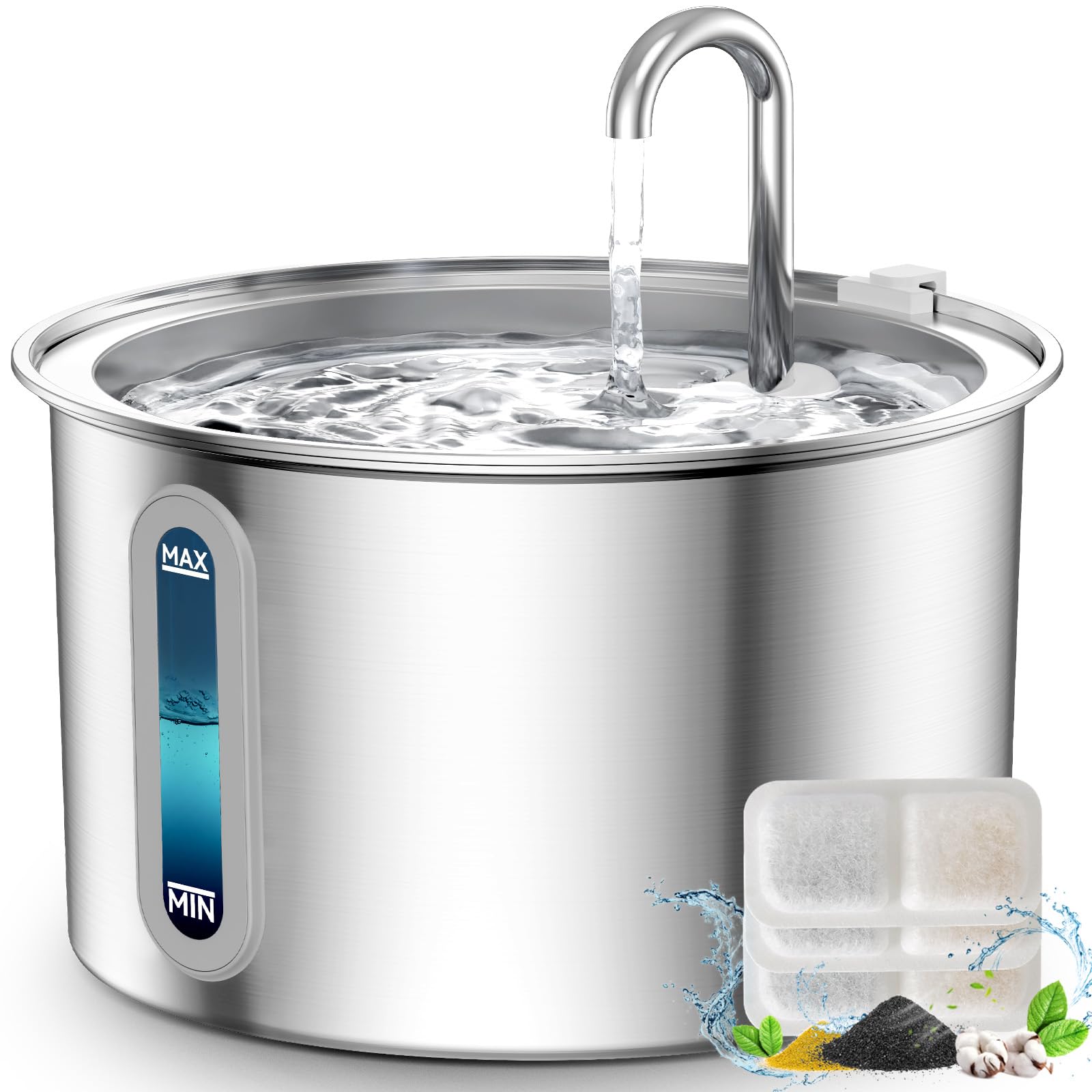 Oneisall ペット用自動給水器 ステンレス製循環式猫水飲み器 静音ポンプ搭載 猫 給水器 2L 大容量 三重ろ過構造の交換可能フィルター 3 個付き (PWF-001)