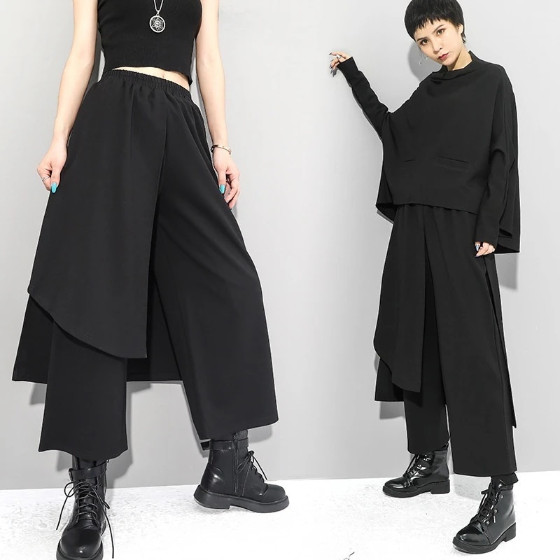 欧米春秋フェイクレイヤード個性ワイドパンツ不規則ストレート キュロットスカートSWF387