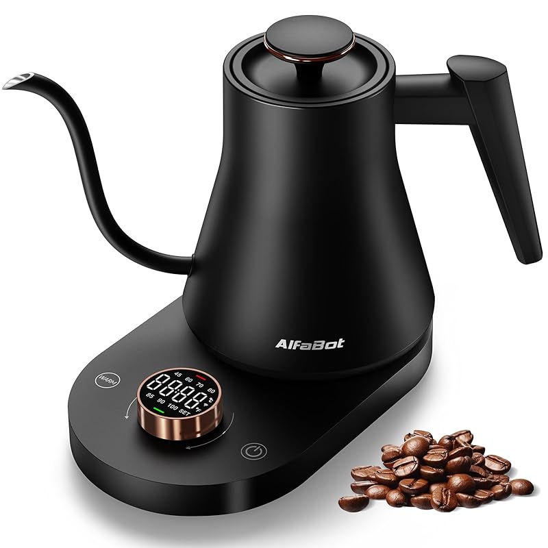 即納：AlfaBot 電気ケトル 温度調節 コーヒーケトル 細口 ドリップケトル 1℃単位温度設定 1.0L大容量 空焚き防止 急速沸騰 8時間保温 LED表示パネル 電気ポット お手入れ簡単 お茶