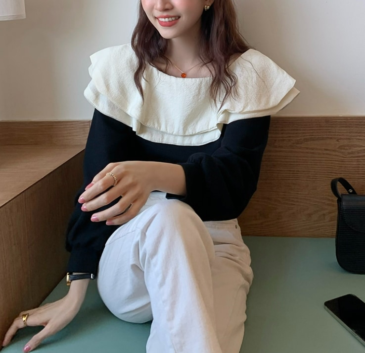 リボン リブニット 秋冬コーデ ゆったり プルオーバー トレーナー ショート丈 長袖 Uネック ラウンドネック 襟付き ワイド 裾イン 編み込み 厚手 かわいい 大人可愛い カジュアル 大人 おしゃれ 5,933円