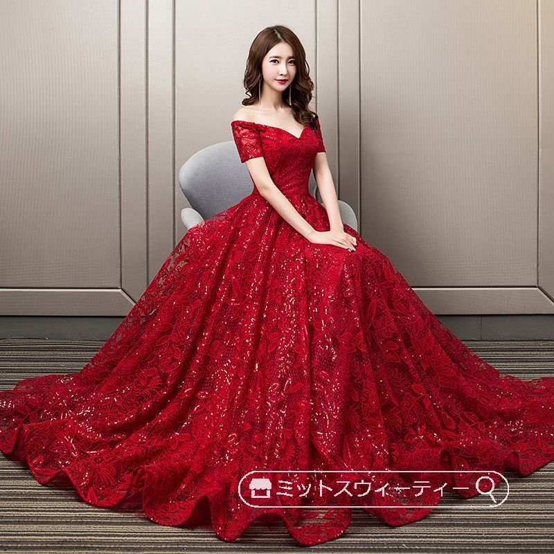 カラードレス パーティードレス Aライン 赤 レッド 半袖 リーフ 花柄 演奏会 発表会 ウェディン