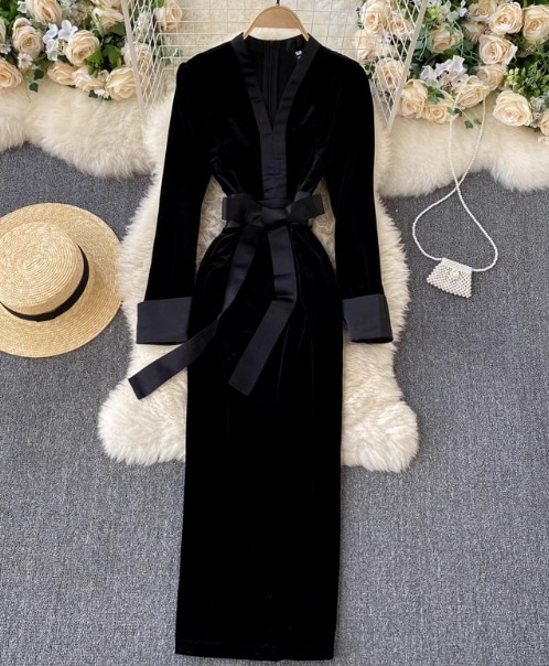 レディース ワンピース ロング マキシ 長袖 Vネック 切り替え ベルト ウエストマーク ウエストリボン スリット バックスリット ベロア かわいい きれいめ 上品 おしゃれ レトロ エスニック