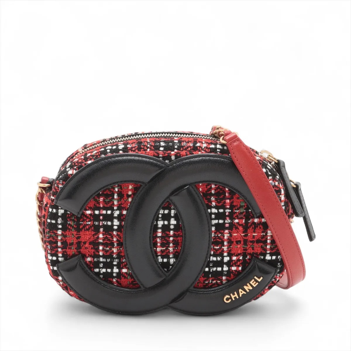 極美品 シリアルシール付 ココマーク ツイード チェーン レッド ショルダーバッグ 斜め掛け ハンド トート レディース MMM CO52-4 中古