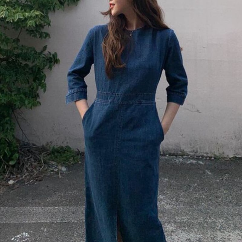 レディース ワンピース シャツワンピ スリット シャツ デニム 長袖 ブルー お洒落 春夏 189