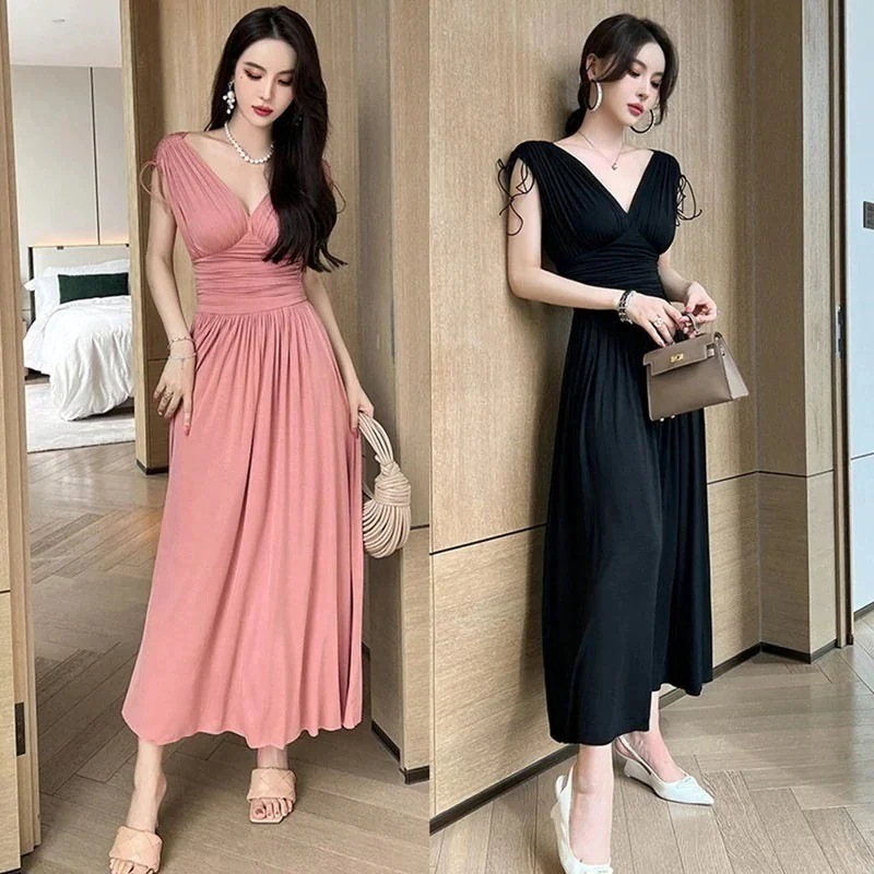 Vネック V背 キャミワンピ プリーツ ロングワンピース フォーマル パーティードレス キャバドレス 同窓会 結婚式 披露宴 卒業式 演奏会 二次会 発表会