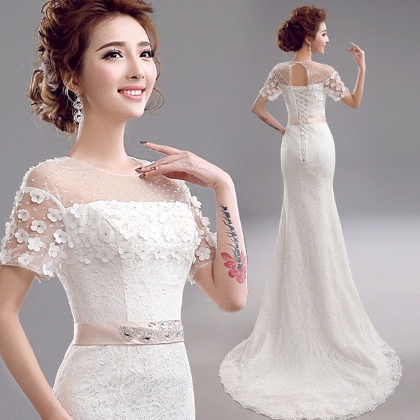 ウエディングドレス マーメイドライン 花嫁 マーメイドドレス 半袖 安い ロングドレス 結婚式 ブライダル ウェディングドレス 二次会 白 サッシュベルト