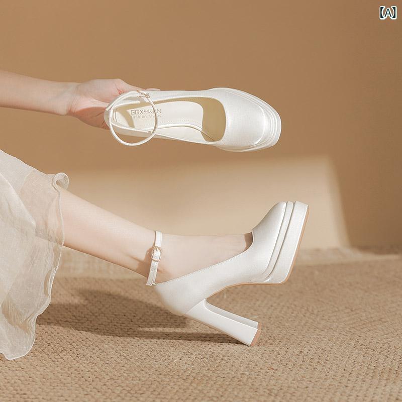【人気商品】ヒール レディース パンプス 美脚 白 防水 靴 ラウンドトゥ ハイヒール 太いヒール メリージェーン サテン 足が 疲れにくい ブライダルウェディング シューズ 結婚式 写真 シングル