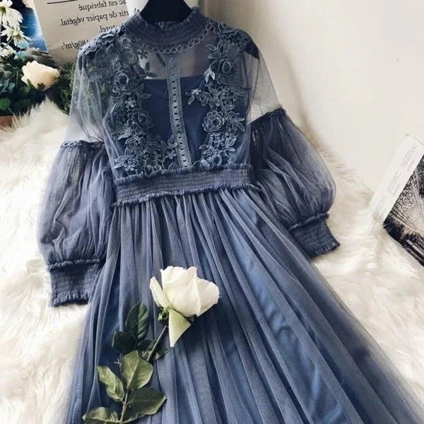 【1つ買うと10個無料】無料宅配総レースワンピース 結婚式 フォーマル パーティー ドレス レディース 全5色 韓国ファッション 2点セットワンピース＋キャミ刺繍 バルーン袖
