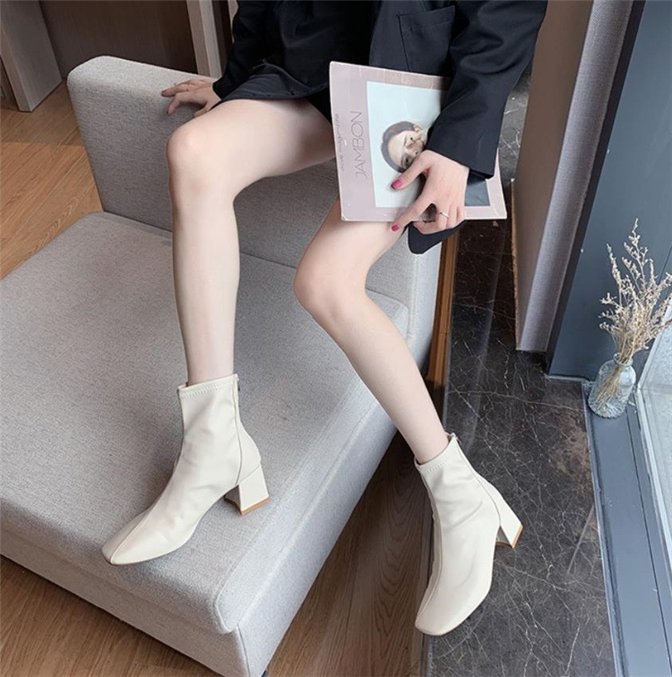 韓国ファッション マーティンブーツ 春秋 薄い 太いヒール ジッパー ショートブーツ 気質