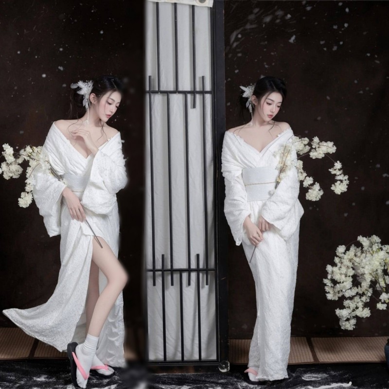人気 白い改良着物 セクシー × 簡約 桜少女風 和服写真 花火大会スタイル