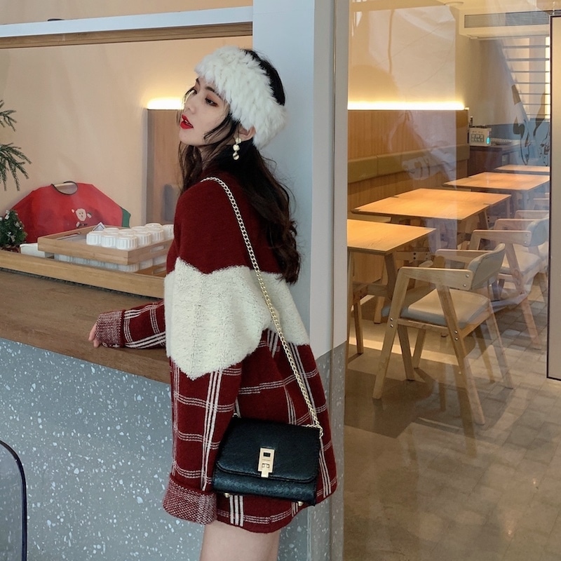 チェック柄セーター レッド ブルー トップス ニットソー セーター スリム 細身 ストレート