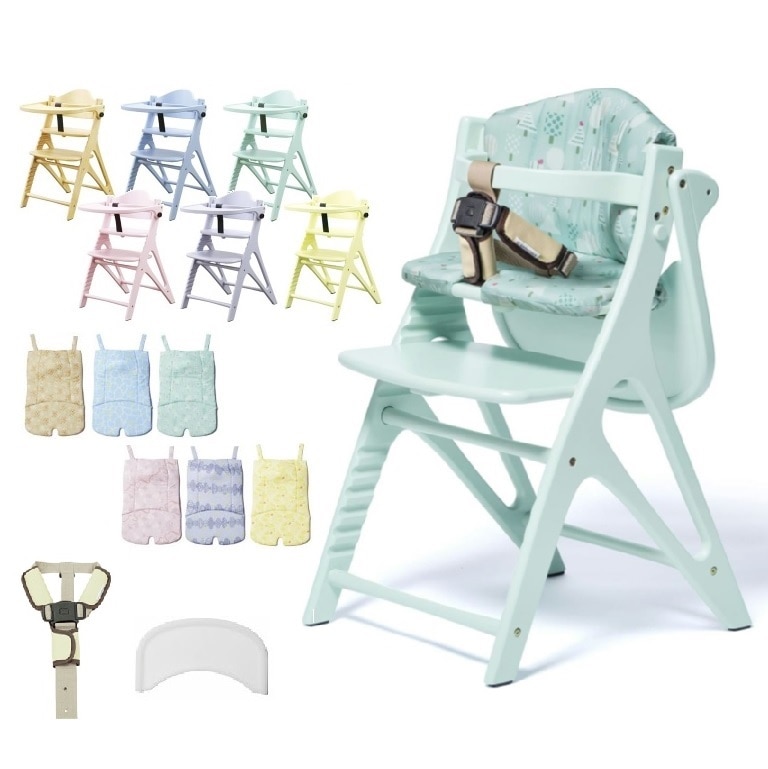 【4点セット】ベビーチェアセット 大和屋 アッフルチェア 専用クッション シートクッション セーフティチェアベルト テーブルマット 日本製 テーブル付き 木製