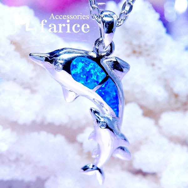 ドルフィンモチーフ 親子のイルカデザイン ブルーオパール&クリアキュービックジルコニア装飾 レディース ハワイアンジュエリー シルバー925 ペンダント ネックレス