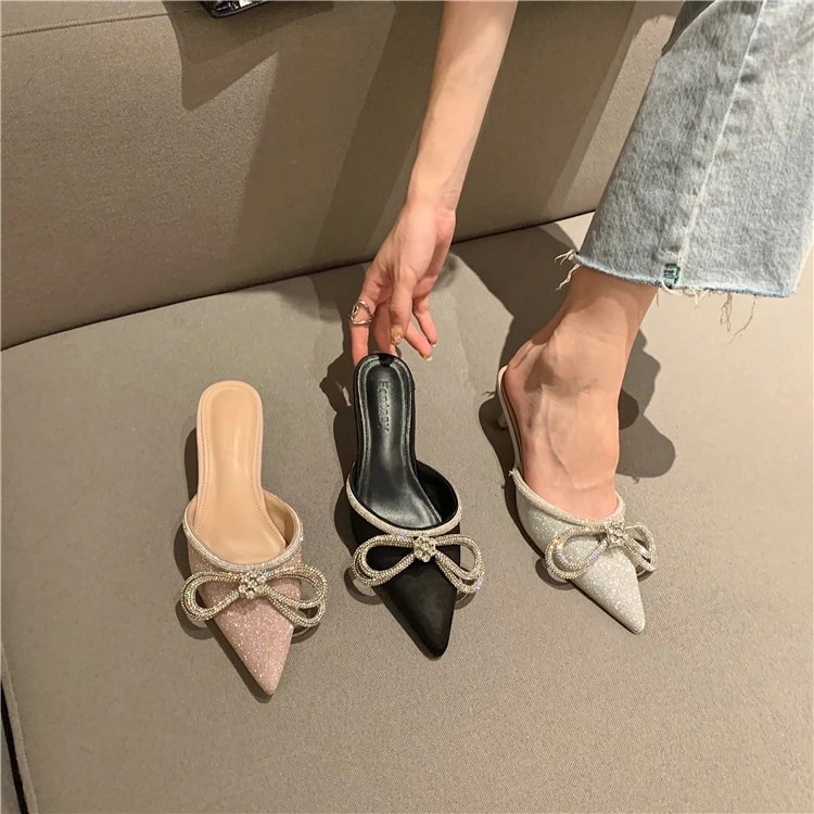 【幸運】快適さが素晴らしいです スタイル トレンド 女性 百掛け ローヒール 蝶結び スパンコール ポインテッドトゥ パンプス シューズ 新スタイル 包頭 ハーフスリッパ
