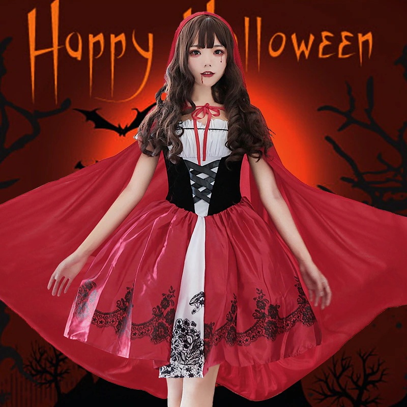 ハロウィンコスチューム 赤ずきん パフォーマンスコスチューム 大人女性ロールプレイ 吸血鬼 魔女 プリンセスドレス ショール ケープ