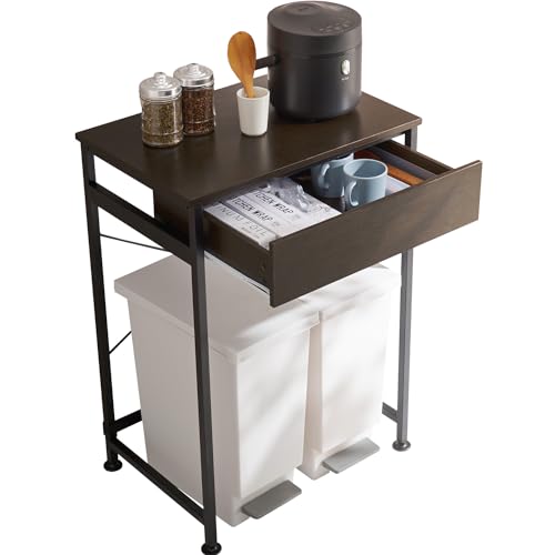 萩原 レンジラック ゴミ箱上ラック 引き出し付 耐荷重30アジャスター付き レンジ台 幅60.5 奥行45.5 高さ85cm ダークブラウン KR-3770DBR