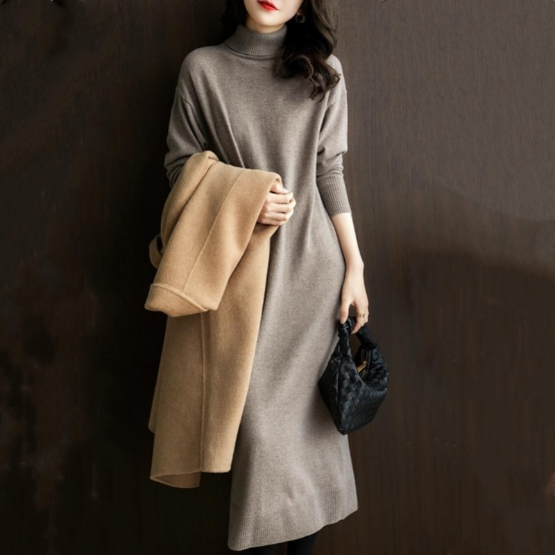 【気質修身】エレガント 無地 スリット ロング ハイネック ストレート ニットワンピース