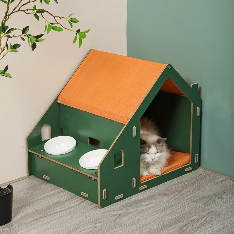 短纳期 キャットハウス 50*58*46cm ペット用 食事ボウル付き ハンモック 犬猫兼用 ペットソファ ペットクッション おしゃれ キャットベッド 部屋 可愛い ペット 別荘 小屋 木質 子