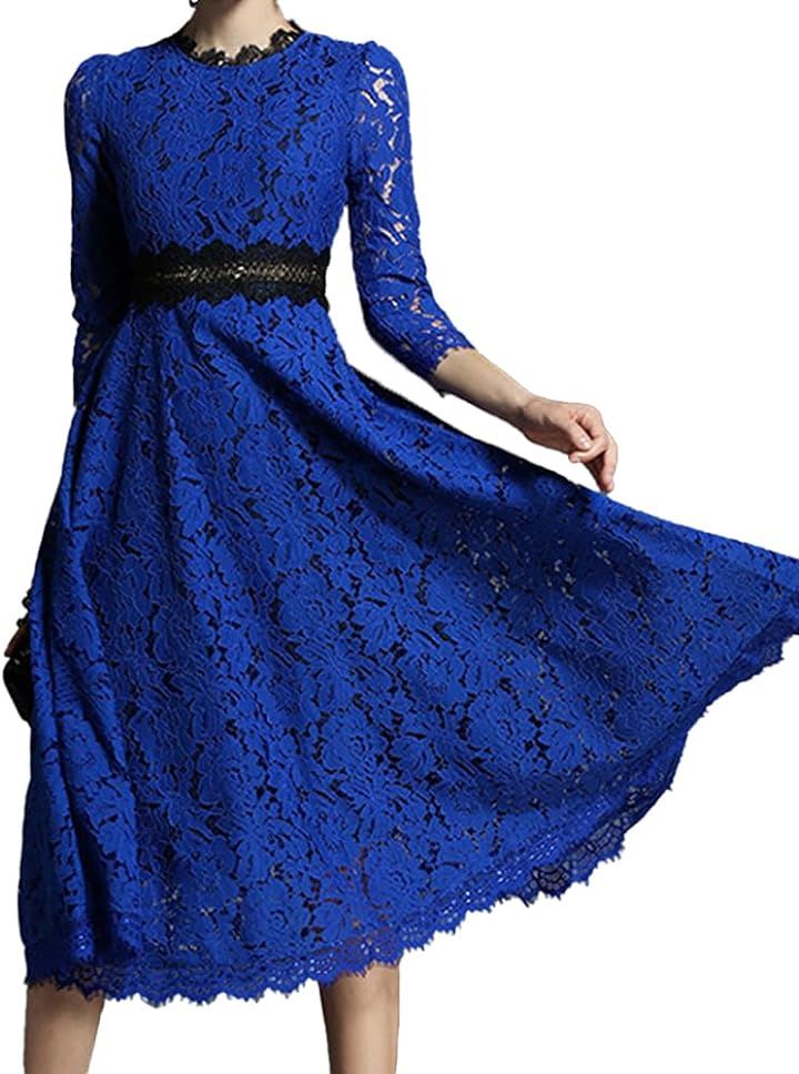 ワンピース パーティー ドレス 総レース 花柄 刺繍 ロング丈 フォーマル Mサイズ( ブルー, M)