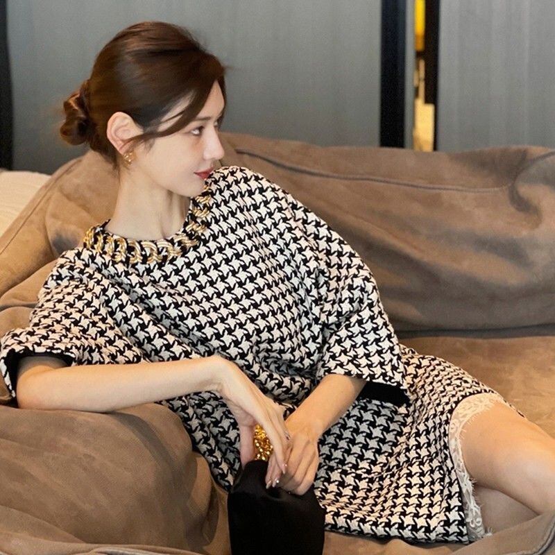 ワンピース ドレス レディース ミニ ショート 膝上 7分袖 バルーン袖 ラウンドネック タイト スリム 細身 ストレート Iライン フェミニン 韓国風 裾レース レース ポケット 中厚手 大人可愛い