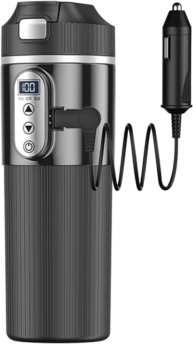 車載電気ケトル 500ml DC12V小型車/24Vトラック兼用 15-25分だけで沸騰保温 断熱 「お湯/お茶/恒温」 車用 カップ 湯沸し器 電気ポット 温度表示 304ステンレス鋼 車中泊