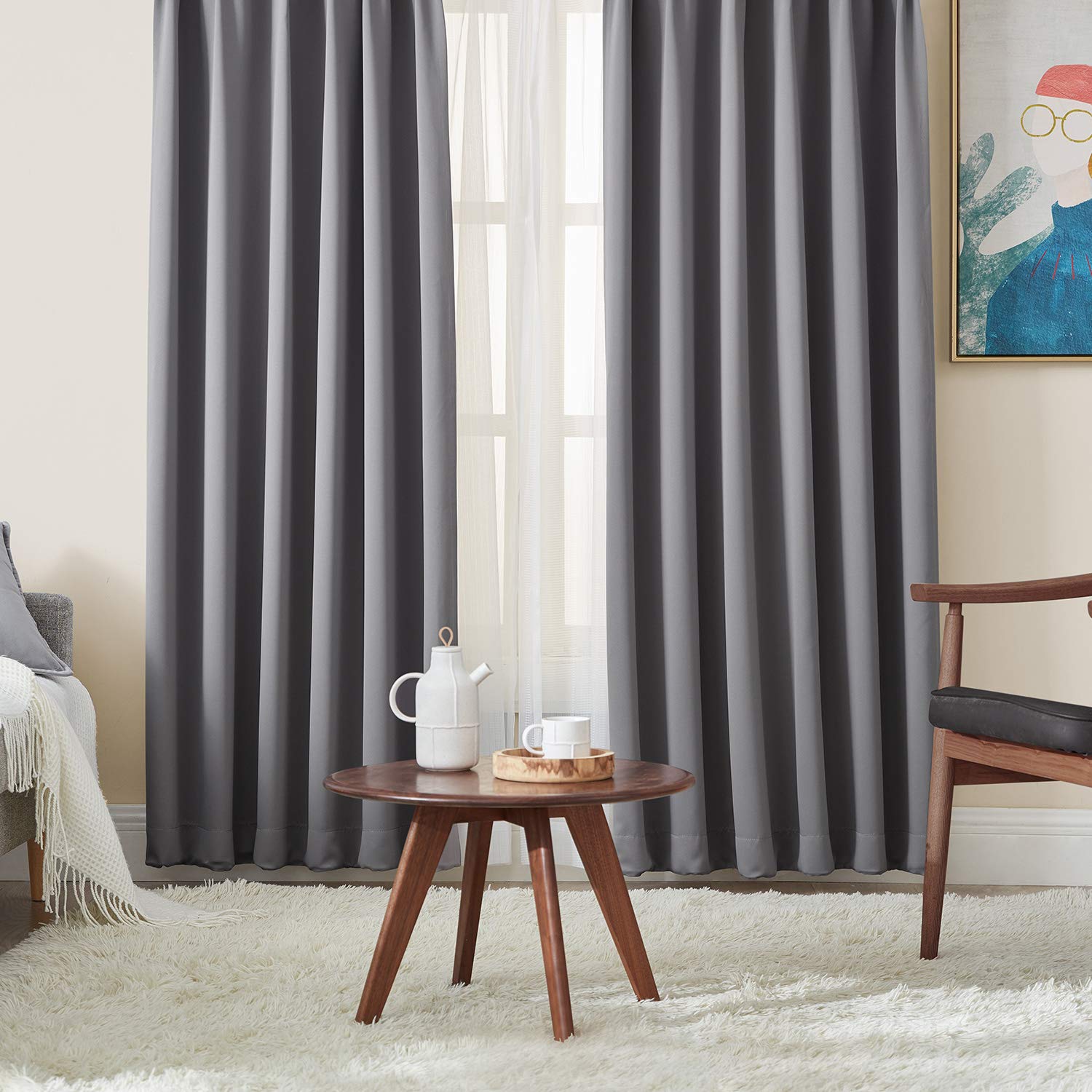 Hansleep カーテン 1級遮光 4枚組 セット グレー 幅150cm丈178cm UVカット 断熱 防寒 防音 省エネ 厚手 無地 おしゃれ 洗える 寝室 リビング用 (ドレープカーテン2枚・レ