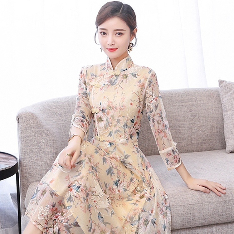 ワンピース レディース ロング ロング丈 袖あり 7分袖 七分袖 襟なし セミフレア スリム タイト