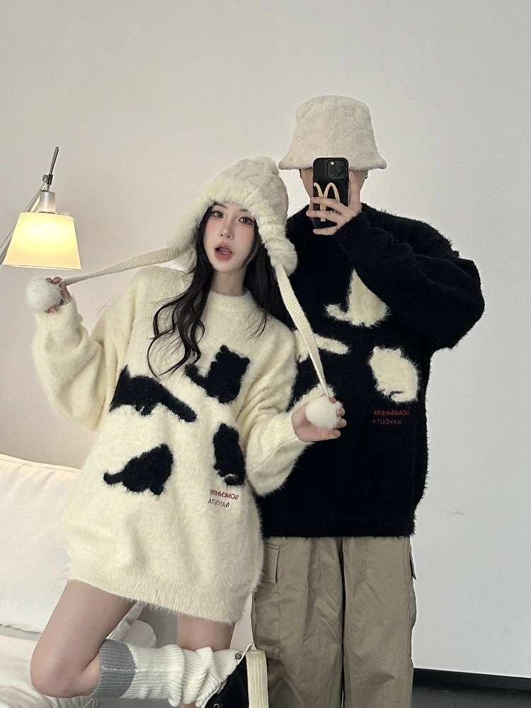 【限定SALE!!】2025 秋冬 暖かいブルオーバーニット プリントデザイン厚手防寒 韓国っぽトップス長袖 ストリートシルエットファッションゆるかわ風配色 あったか女っぽカジュアル大人サイズゆったり