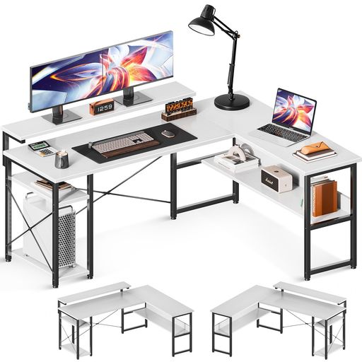 ODK パソコンデスク L字デスク 幅155 ゲーミングデスク デスク 机 棚付き PCデスク コーナーデスク 収納 エル字デスク 3段階モニター台付き オフィスデスク 仕事用 在宅勤務 組立簡単 ホ
