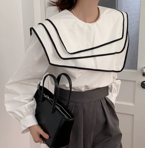 個性的 トップス シャツ ブラウス カットソー プルオーバー 白トップス ミディアム丈 袖あり 長袖 バルーンスリーブ ラウンドネック 襟付き かわいい 大人可愛い カジュアル 大人 上品 おしゃれ