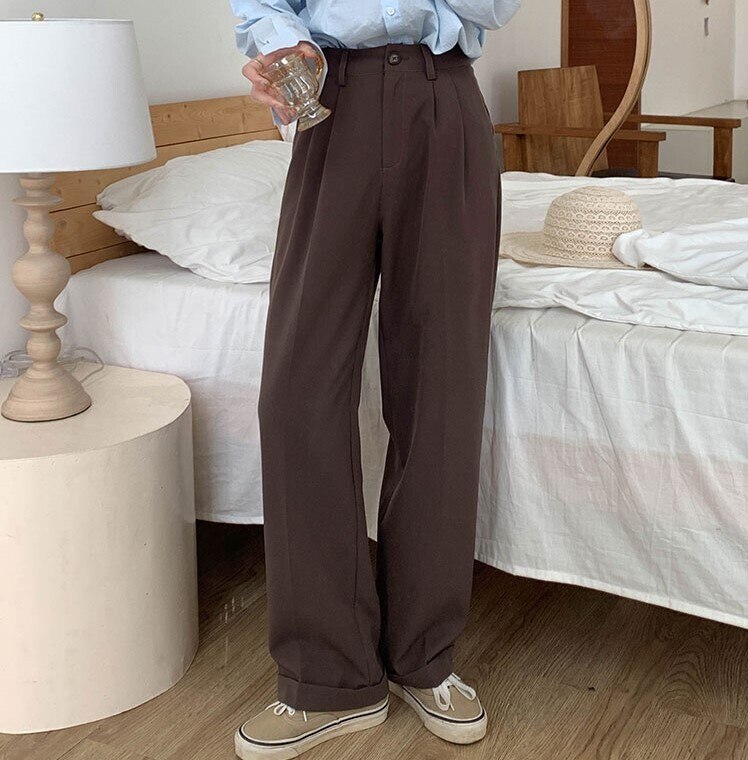 2色 ボトムス パンツ 春夏 カジュアル レディース ストレートパンツ ワイドパンツ ロング丈 無地 ハイウエスト ポケット 黒 ブラック 茶色 ブラウン 大人カラー 大人可愛い シンプル カジュアル