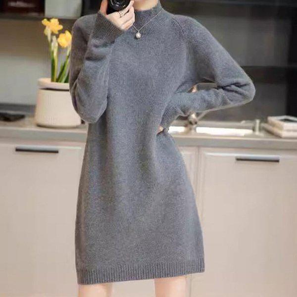 女性の秋のカジュアルなハーフネックニットワンピースLDW-OPA-SSIS596-チャコール