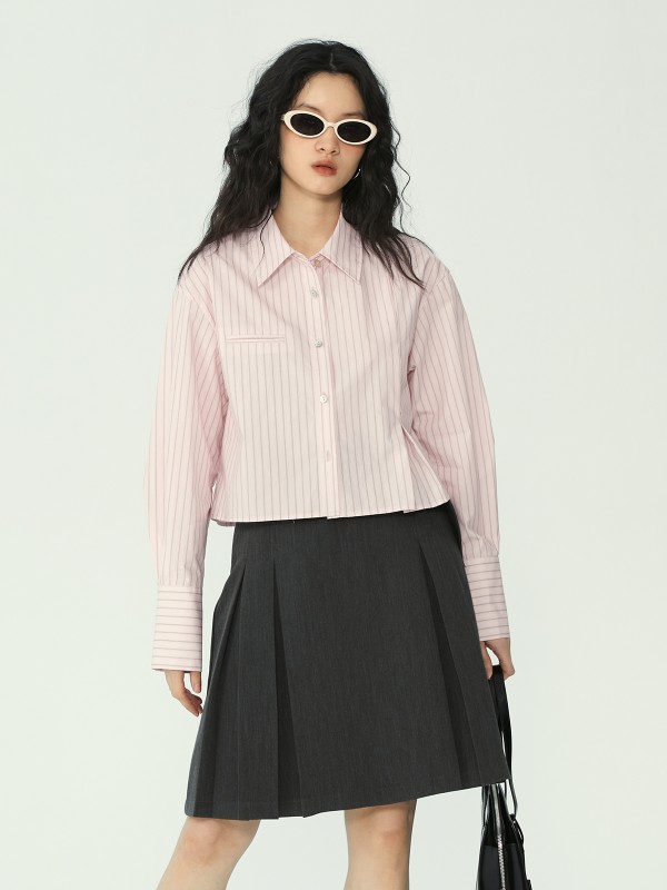 オーモント エッグタルト ストライプ ショート丈 長袖シャツ レディース 春新作 スモール シャツ トップス