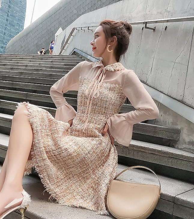 韓国 ファッション ワンピース ドレス ツイード Aライン 長袖 ひざ上丈 異素材 フェミニン 上品