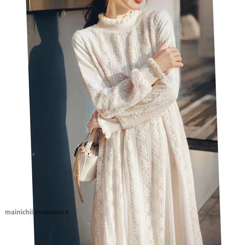 ワンピースレデース春秋冬白ドレスロング丈結婚式ワンピース長袖Aライン着やせフォーマル上品大人おしゃれ二次会お呼ばれパーテー2030代