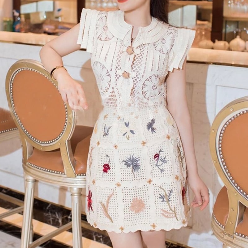 気質名媛風ファッションスーツ女夏新デザイン感透かし刺繍ワンピース2点セット1046